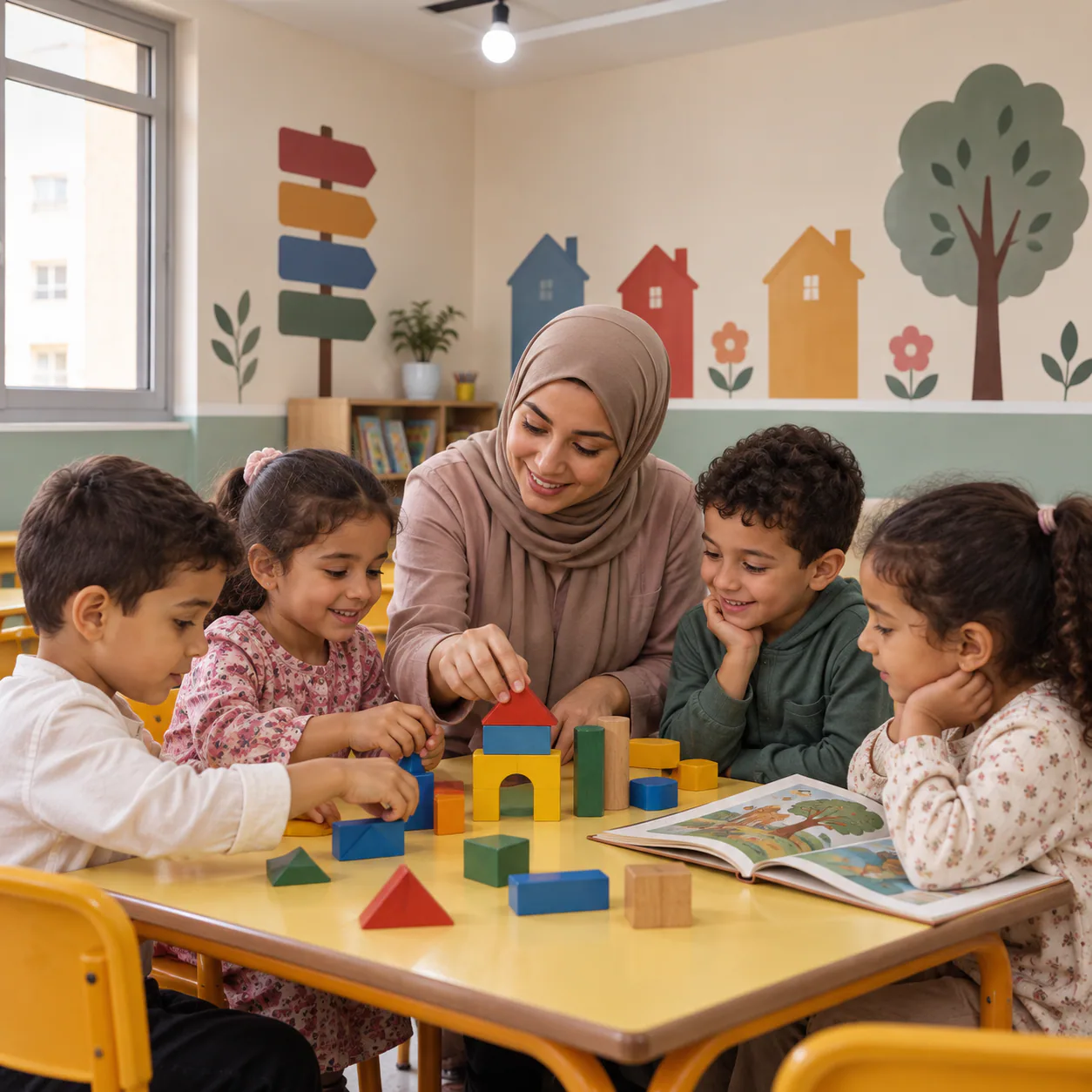 معلمة ترافق أربعة أطفال حول لعبة تركيب