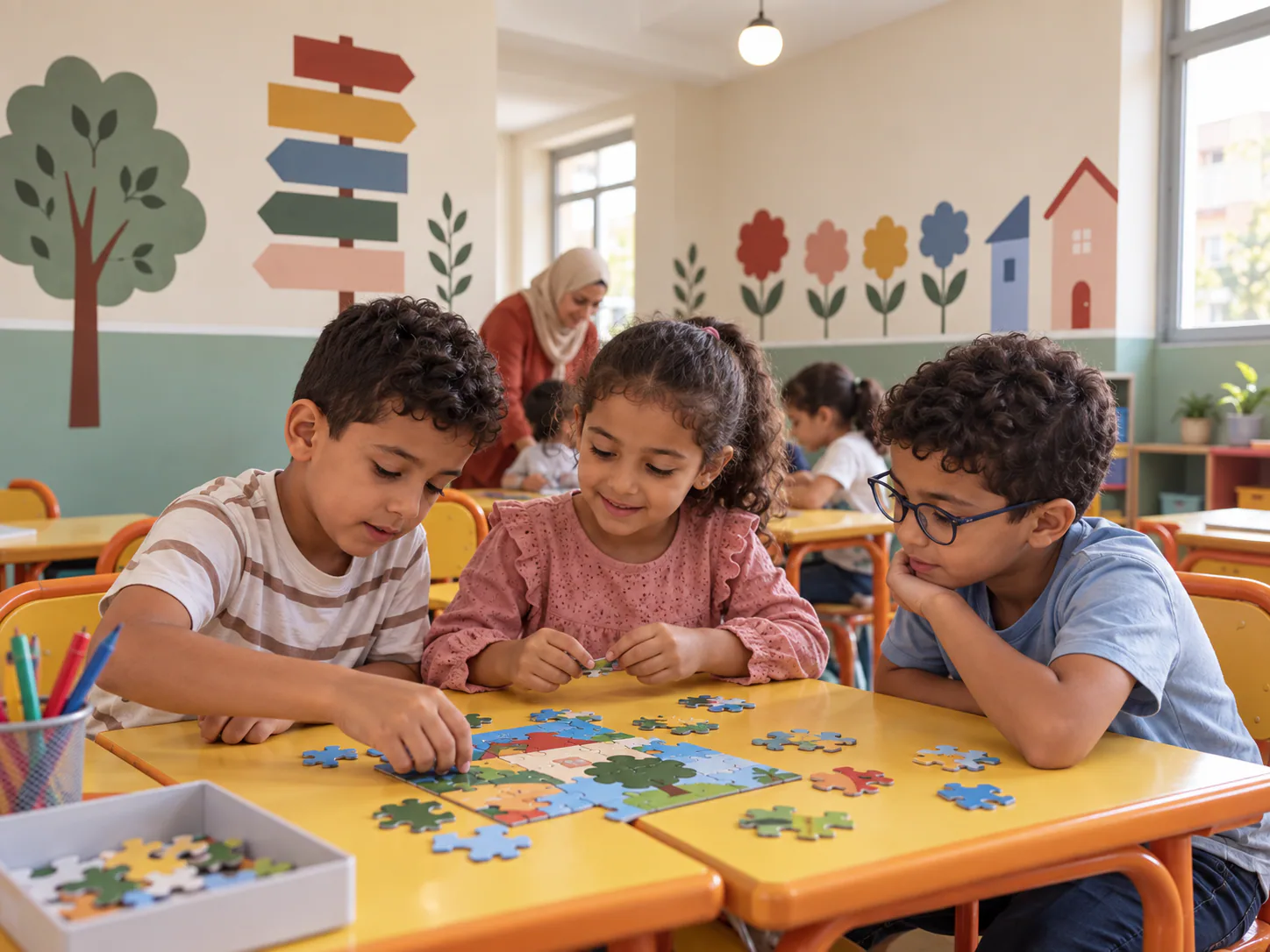 Trois enfants coopèrent pour assembler un puzzle
