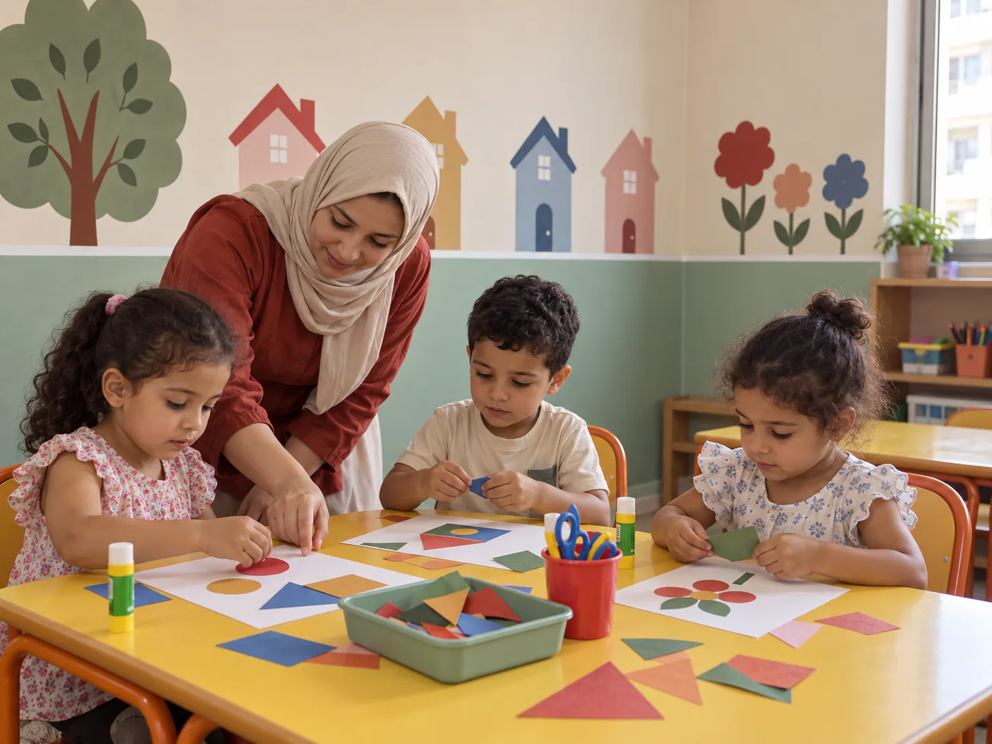 Des enfants composent des formes en papier lors d’un atelier créatif