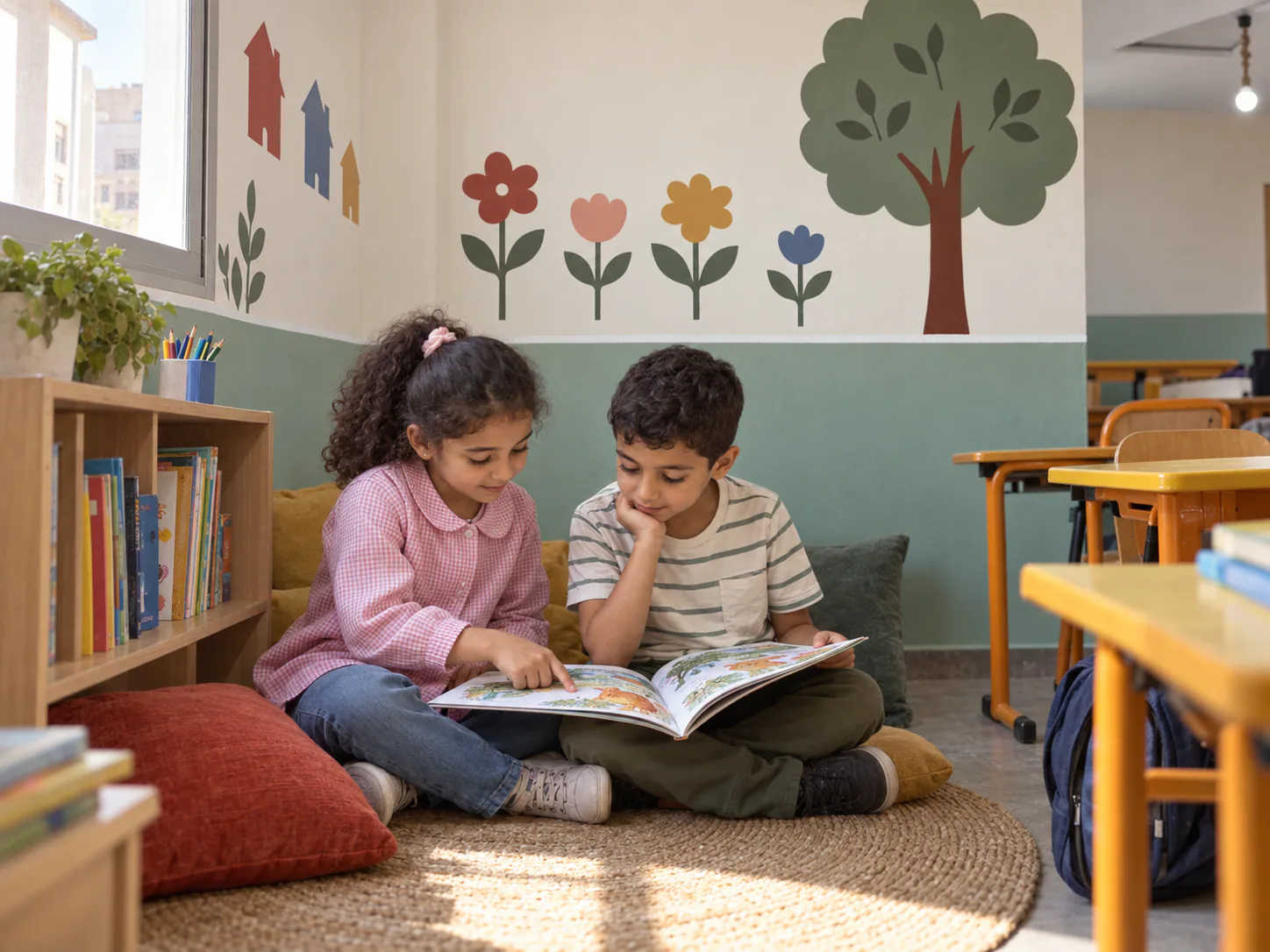 Deux enfants lisent ensemble dans le coin bibliothèque de la classe