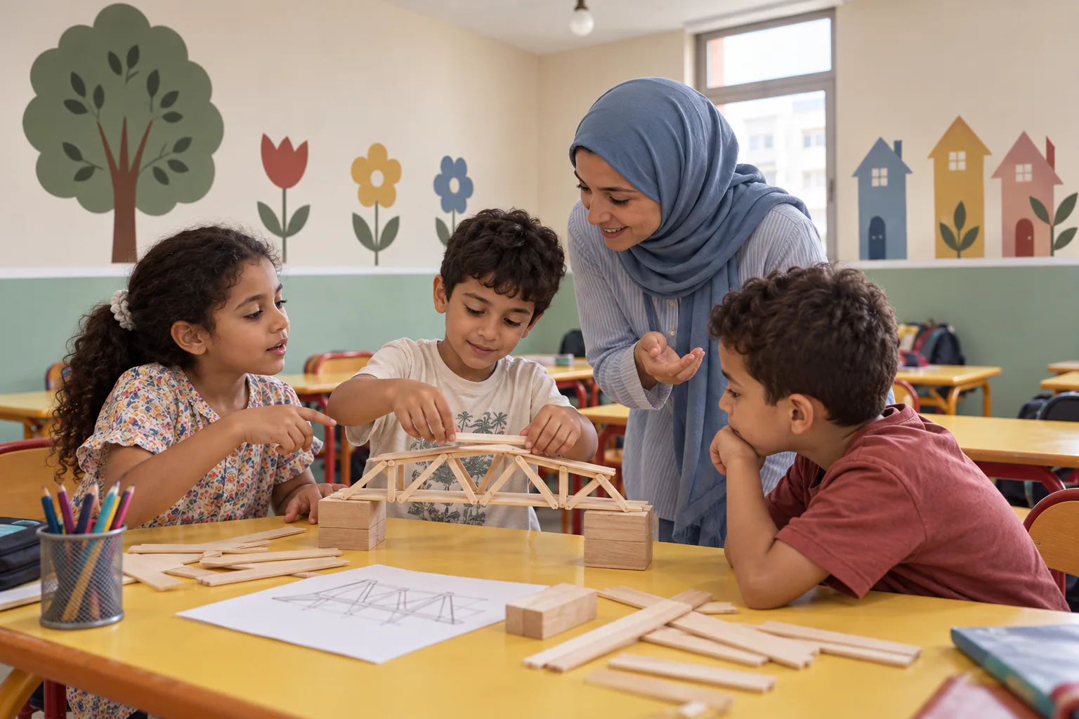تلاميذ يبنون معاً مجسماً لجسر بمساعدة معلمتهم
