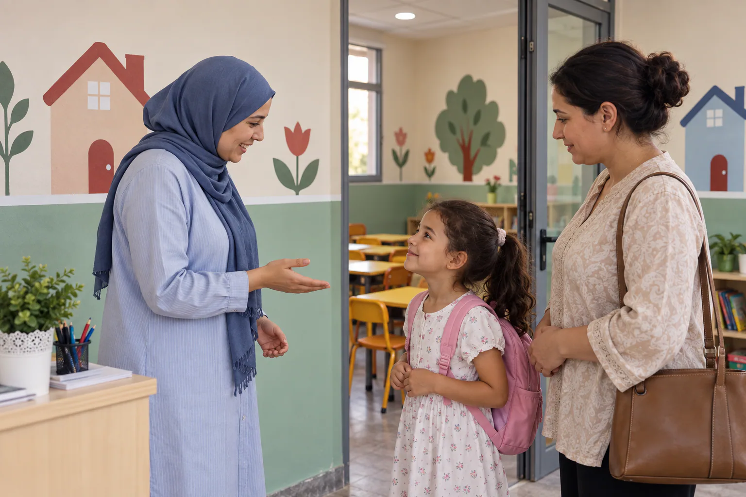 Une enseignante accueille une mère et son enfant à l’entrée d’une classe