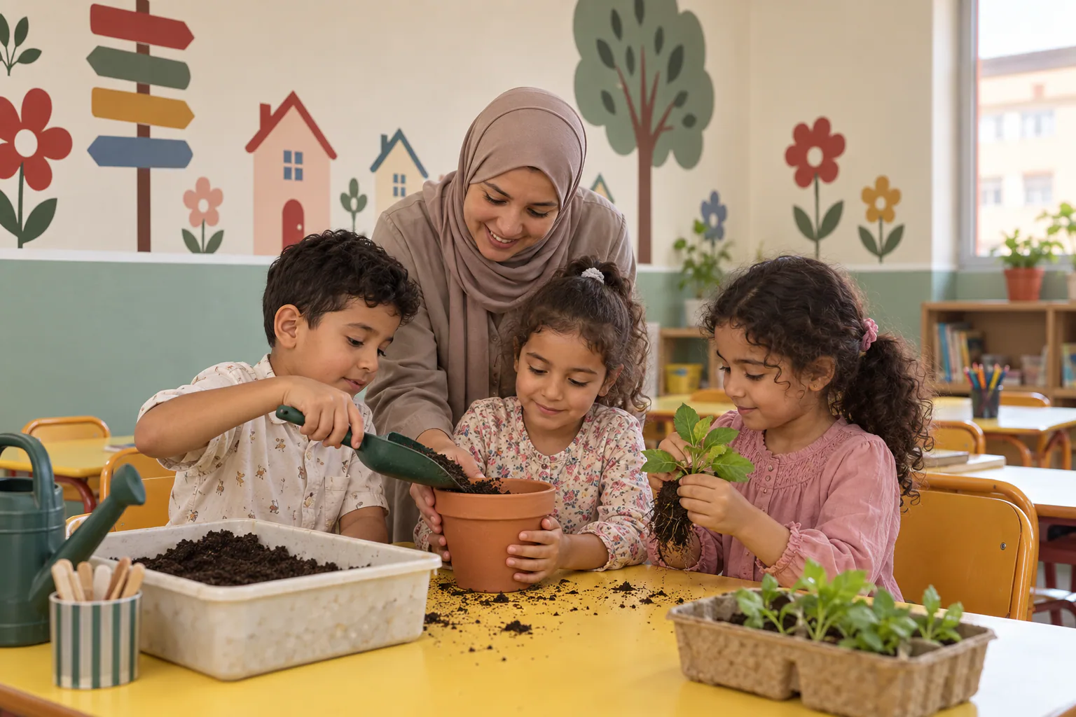 أطفال يغرسون نبتة صغيرة بمساعدة معلمتهم